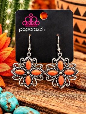 Paparazzi Badlands Ballad Orange & Silver Floral Earrings
